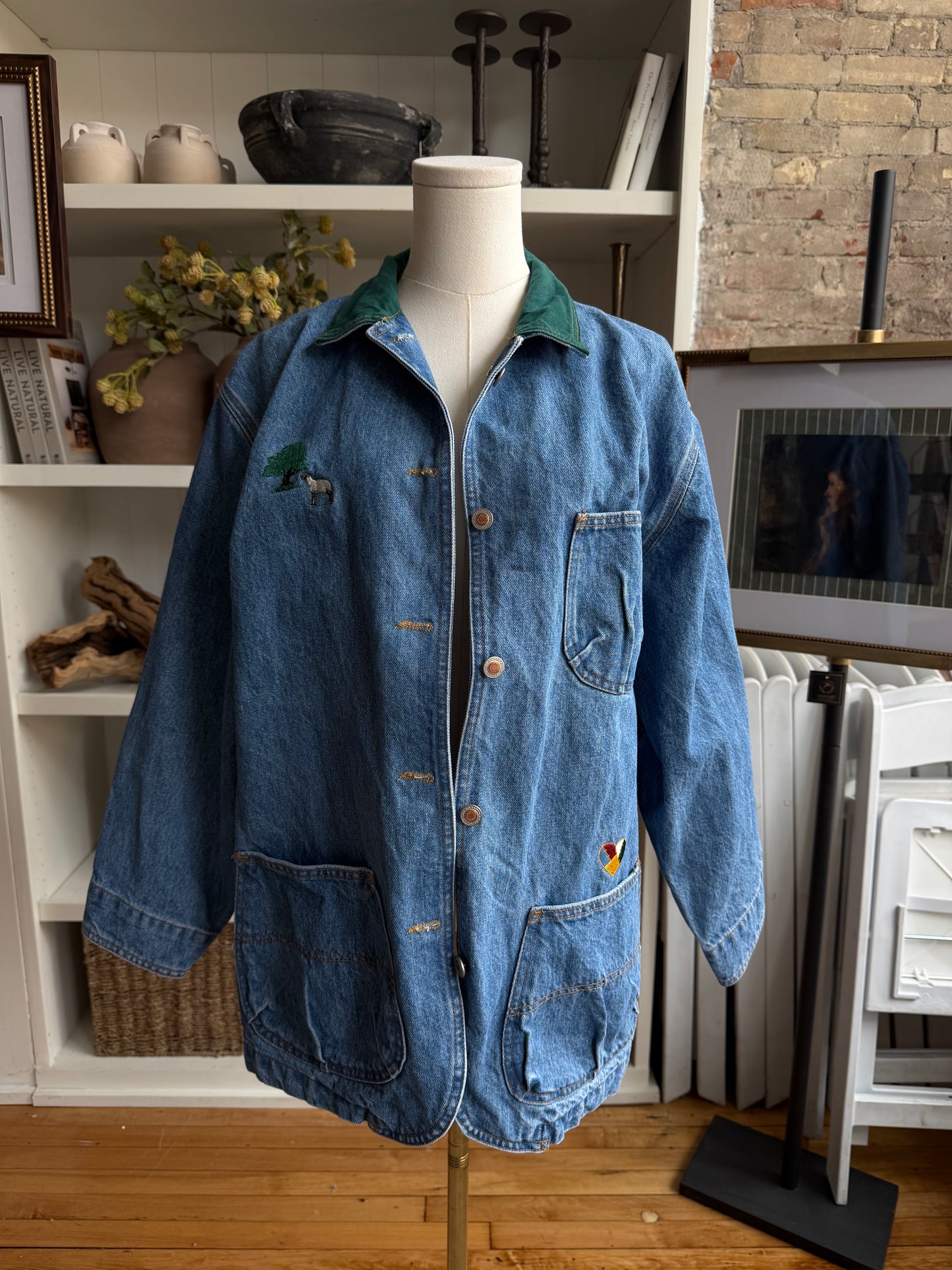 Vintage Denim chore coat with embroidery with green collar