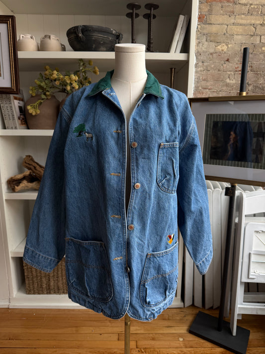 Vintage Denim chore coat with embroidery with green collar