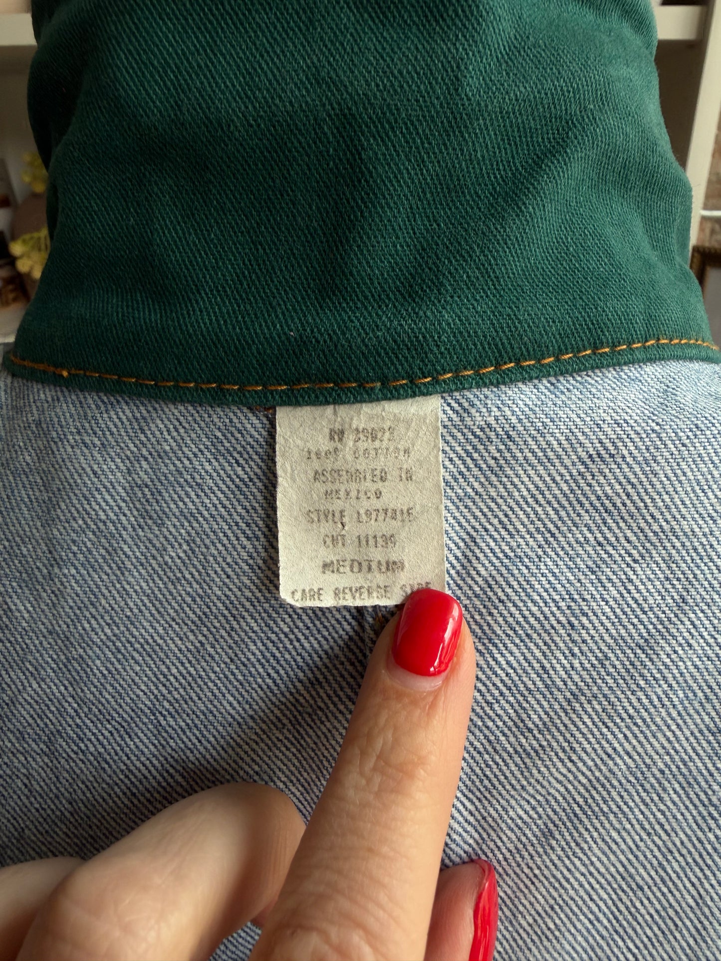 Vintage Denim chore coat with embroidery with green collar