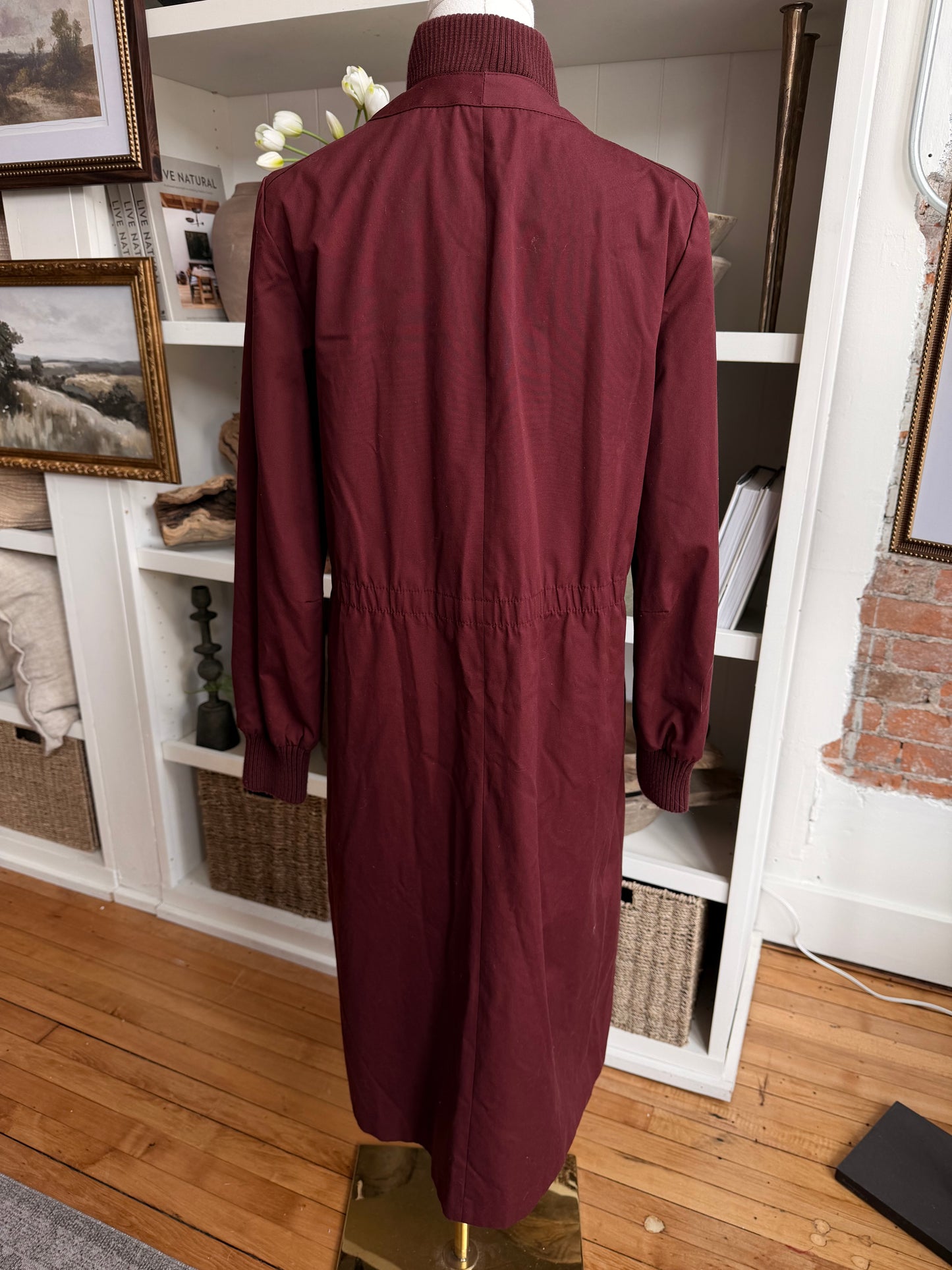 Vintage maroon trench with bomber details. Made in Singapore