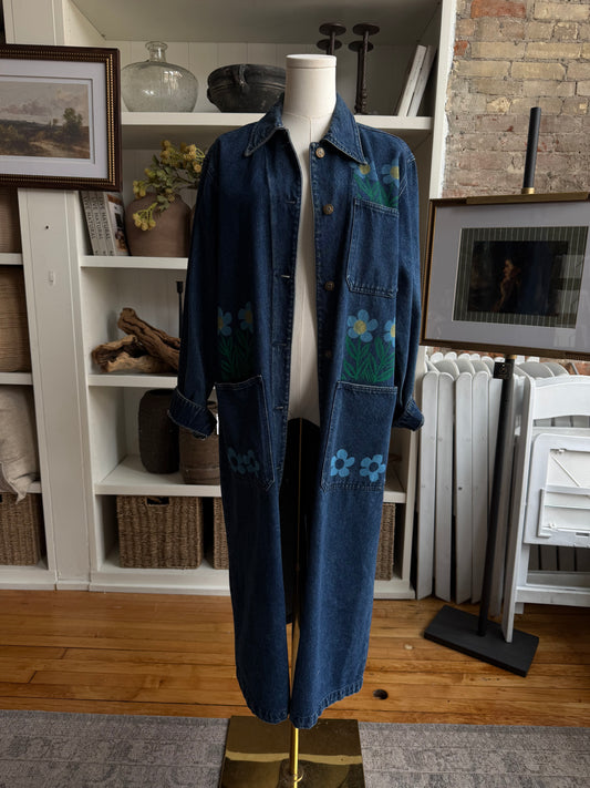 Blocked printed vintage denim trench. Hand painted by SRM Prints