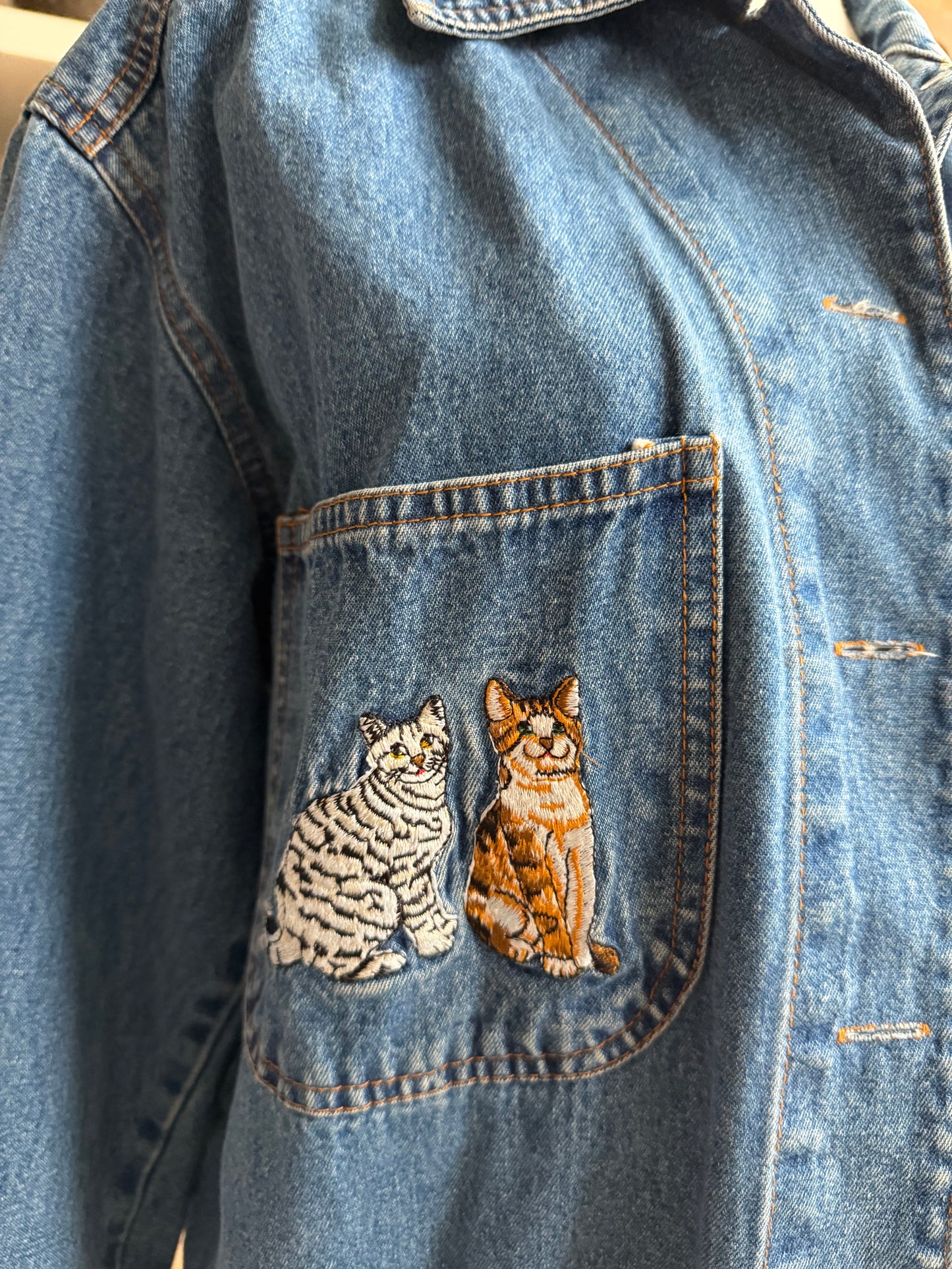 90s Casey Coleman denim chore coat with embroidered cats on pockets