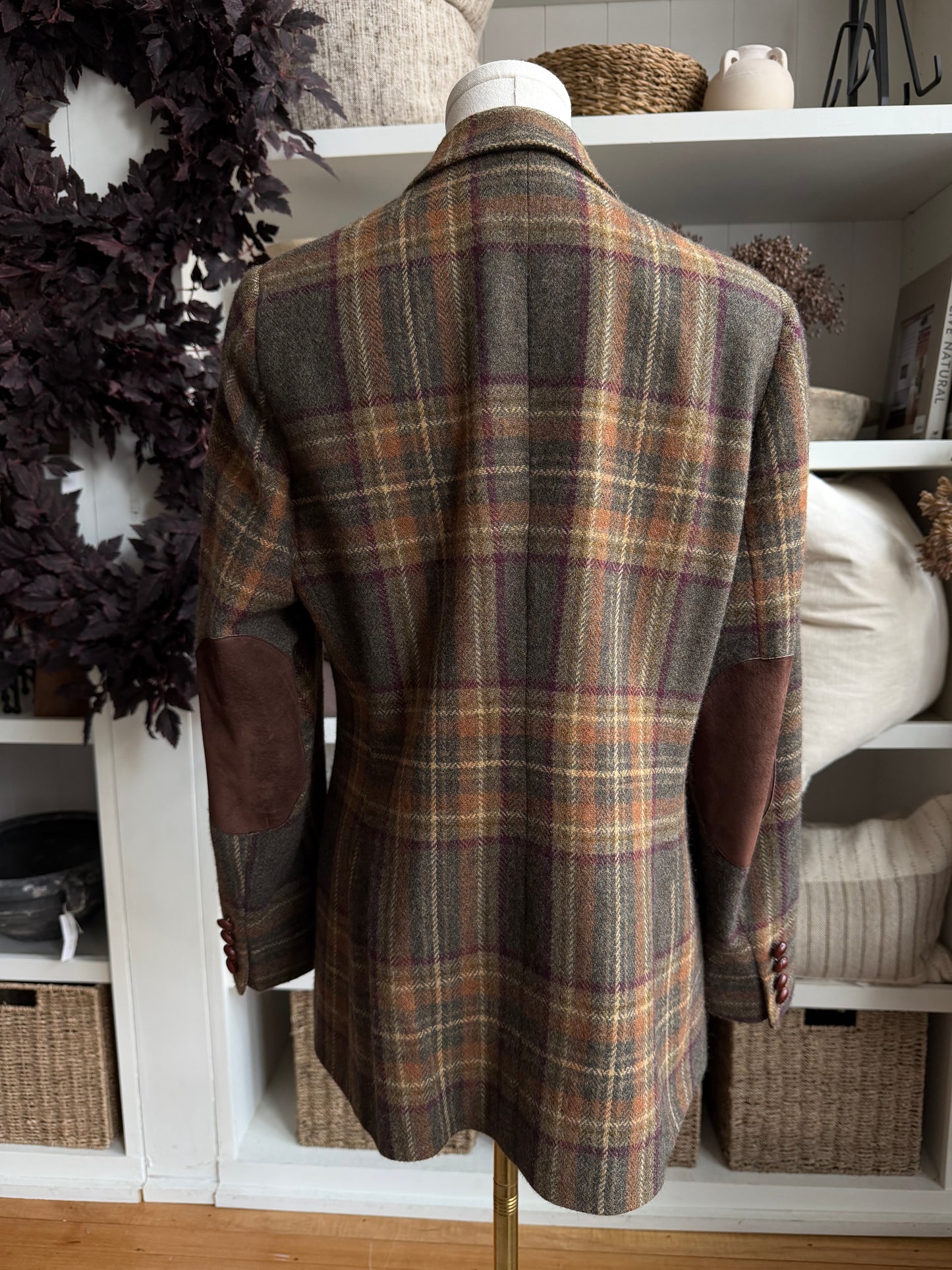 90s Lauren Ralph Lauren wool plaid blazer with suede elbow patches. Fits XXS-S petite