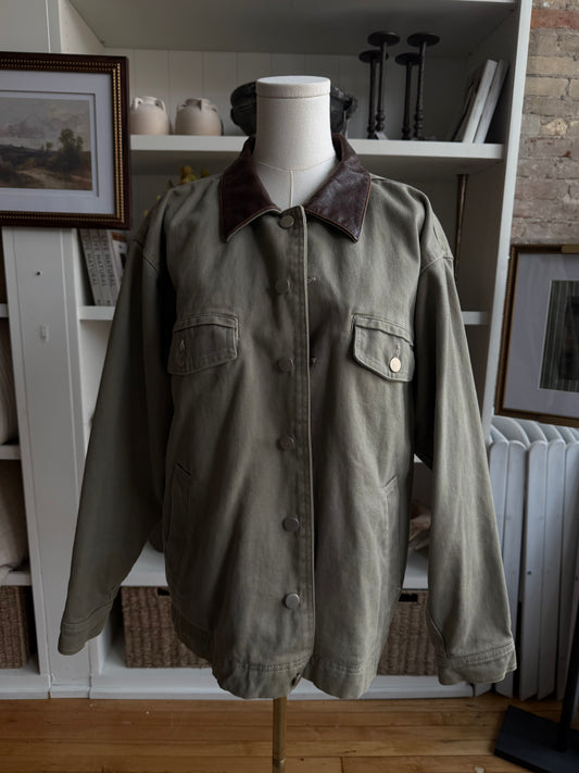 90s Marlboro green canvas chore coat with flannel lining and leather collar