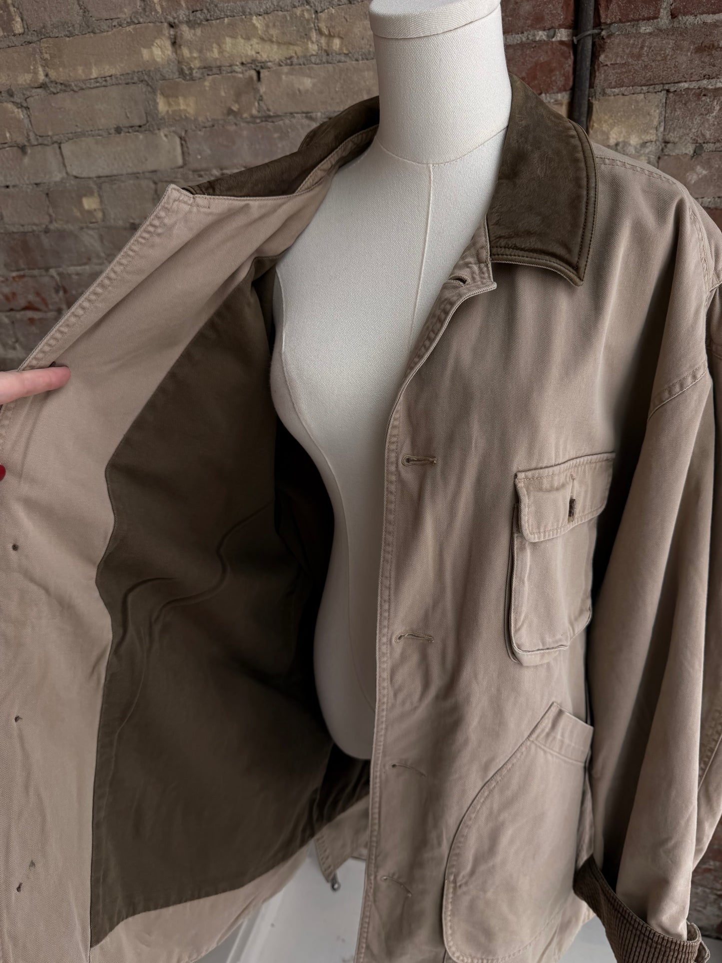 90s Banana Republic khaki barn coat with leather collar. Made in Hong Kong