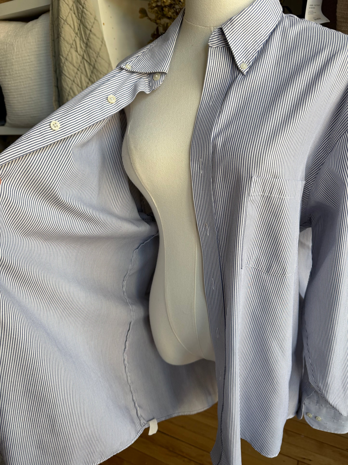 90s Geoffrey Beene blue and white stripe button down. Made in the USA
