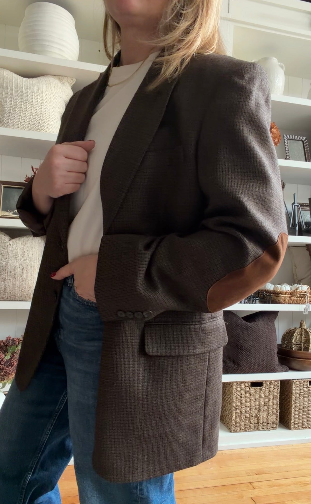 90s RBM wool blazer with suede elbow patches. Fits M-L